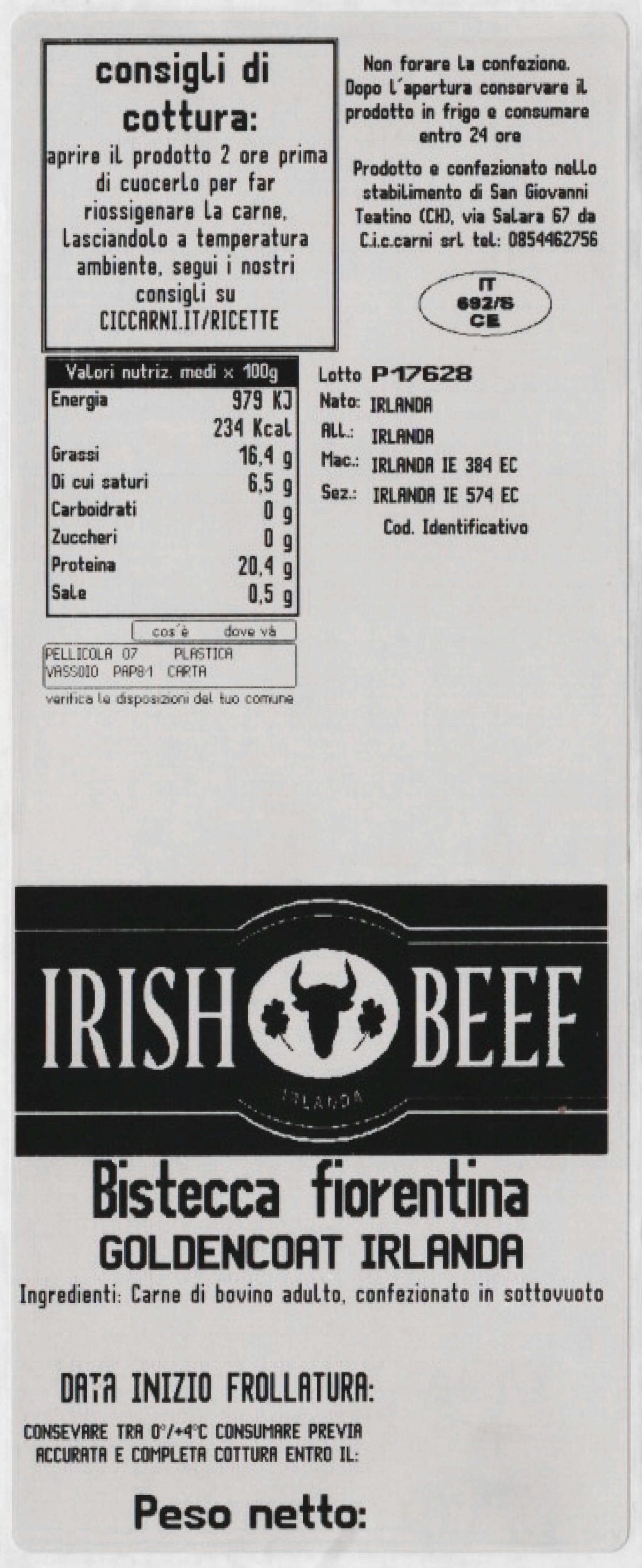 Bistecca Fiorentina Irish Beef Golden Coat 1kg Bistecche bovino Arrosticini - Cic Carni 8